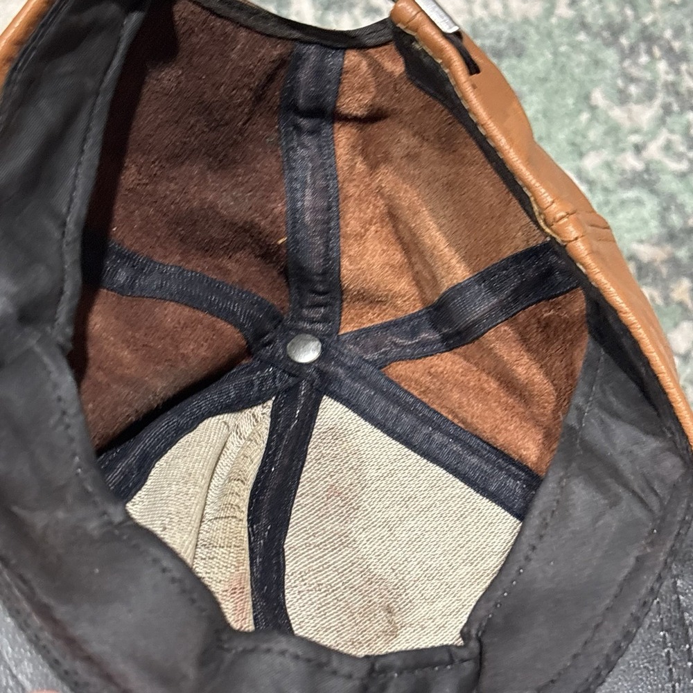 Vintage Leather Hat Metal Adjustable Clasp Golf Bag Logo Brown - Picture 5 of 6